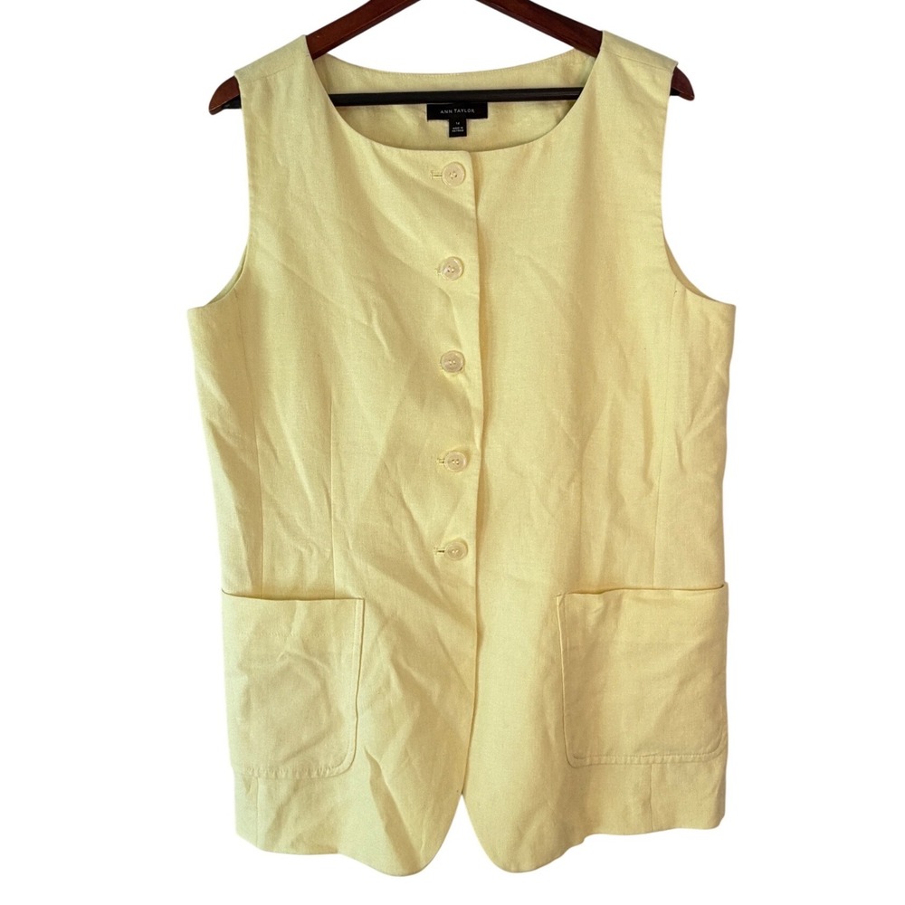 Ann Taylor Linen Blend‎ Long Vest Yellow Buttercream Womens 14 Preppy Minimalist